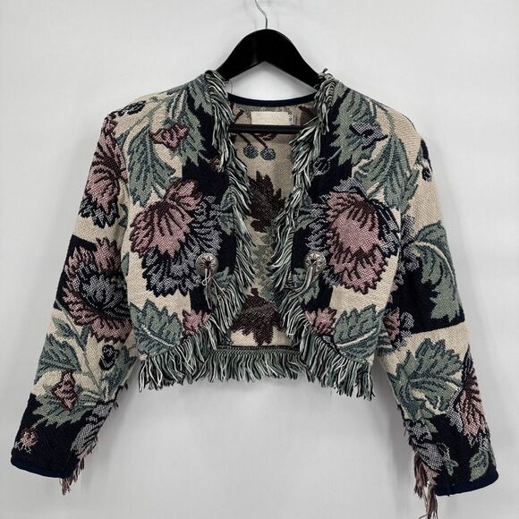 Cachè Cozy Floral Short Blanket Cardigan Size S‎ Western Accents & Fringe - Picture 1 of 14